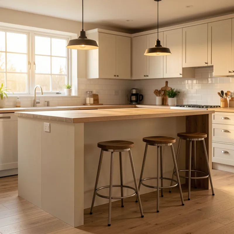 Îlot de cuisine servant de table avec tabourets hauts et suspensions