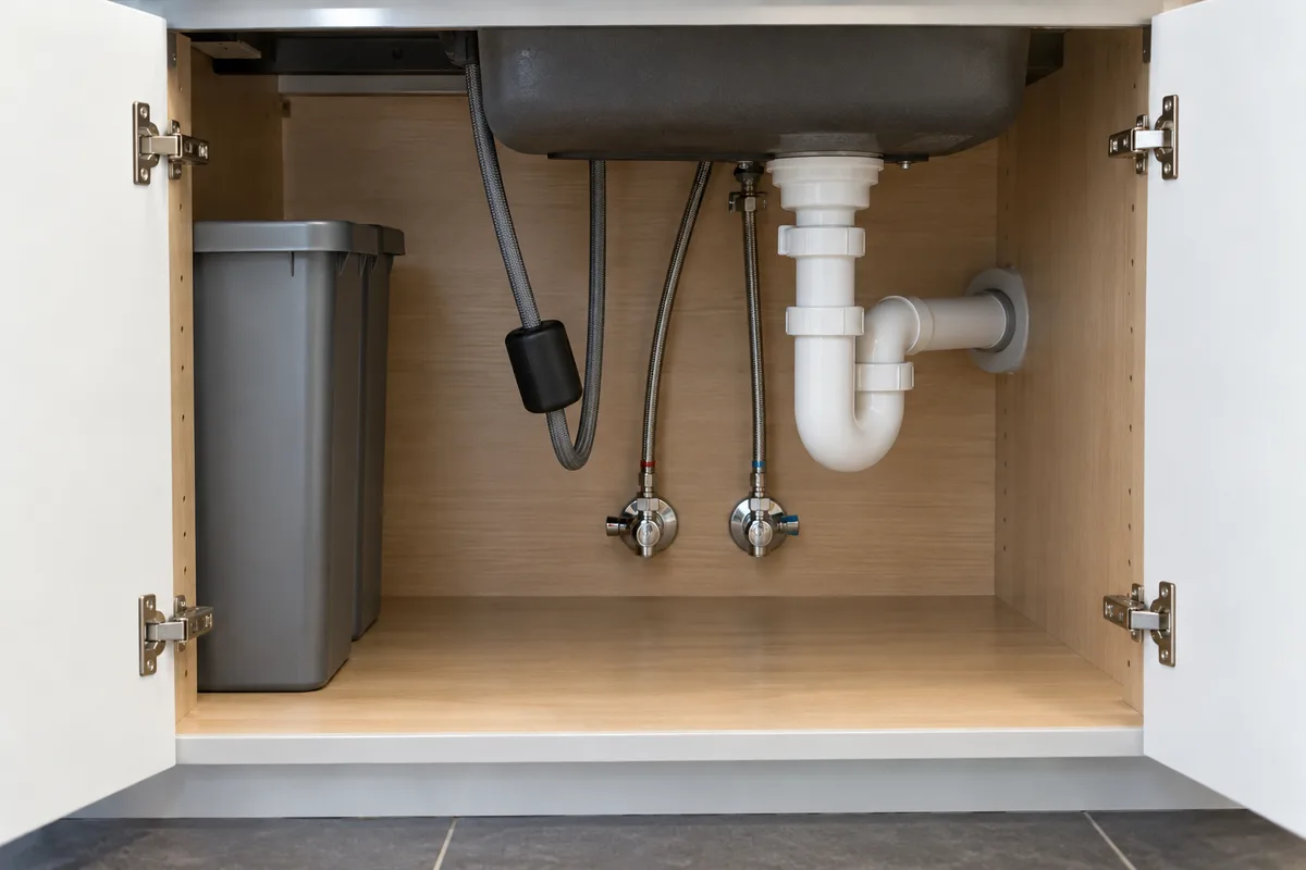 Flexible de douchette et contrepoids dans un meuble sous évier dégagé