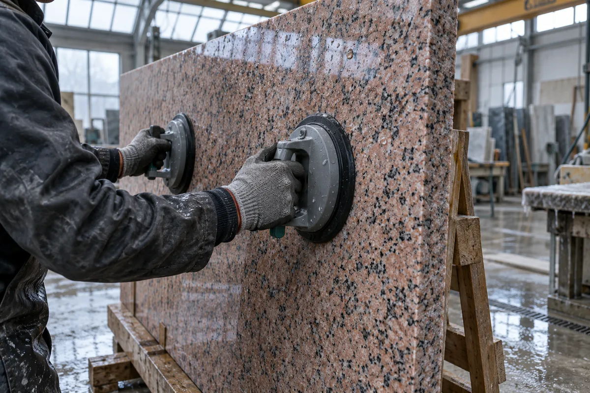 Tranche de granit rose dressée sur un chevalet d’atelier et saisie par des ventouses