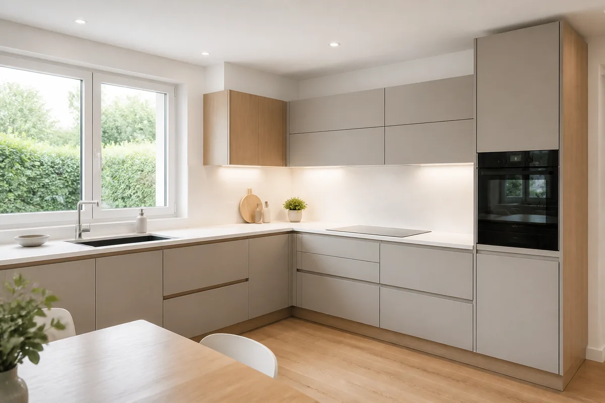 Cuisine en L installée dans une maison pavillonnaire des Hauts-de-Seine