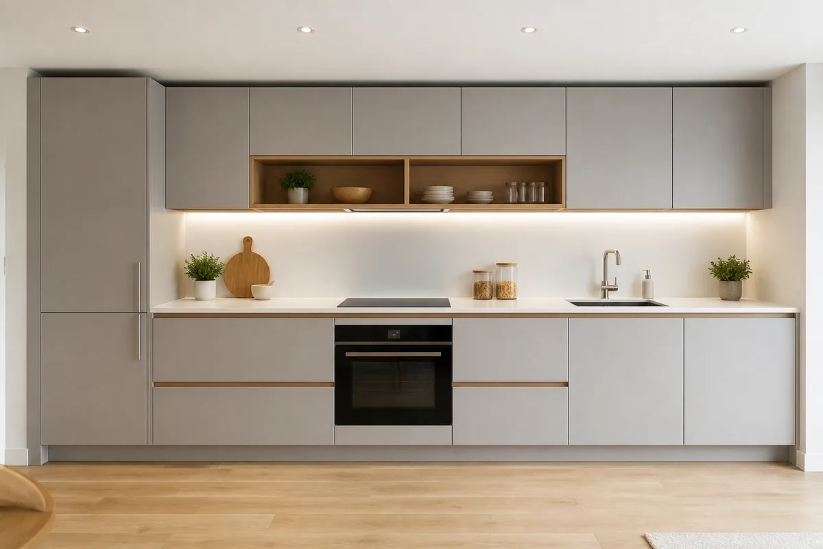 Cuisine linéaire adossée à un mur avec plan de travail continu