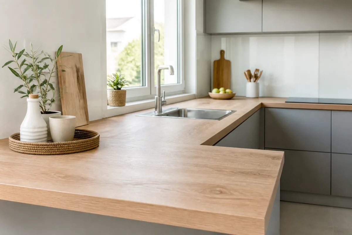 Plan de travail stratifié décor bois dans une cuisine claire